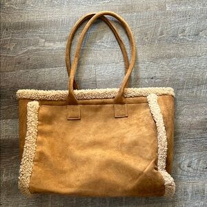 Tan Shearling-Trimmed Tote Bag